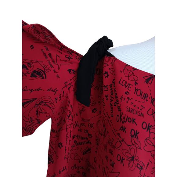 TORRID 2 Whimsical Blouse Top Plus 2X Bare Shoulder Tie Bow Red Black Going Out - Picture 7 of 11